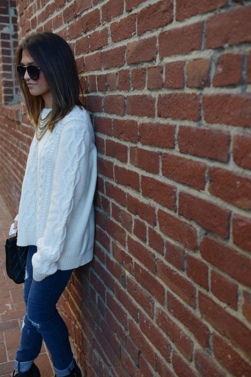 back to basics // white sweater // ripped skinnies // cool black booties // statement necklace // chanel jumbo flap bag