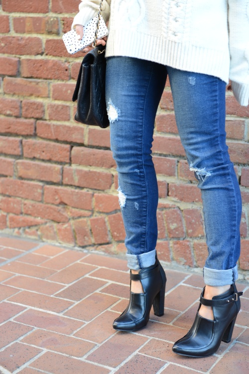 back to basics // white sweater // ripped skinnies // cool black booties // statement necklace // chanel jumbo flap bag